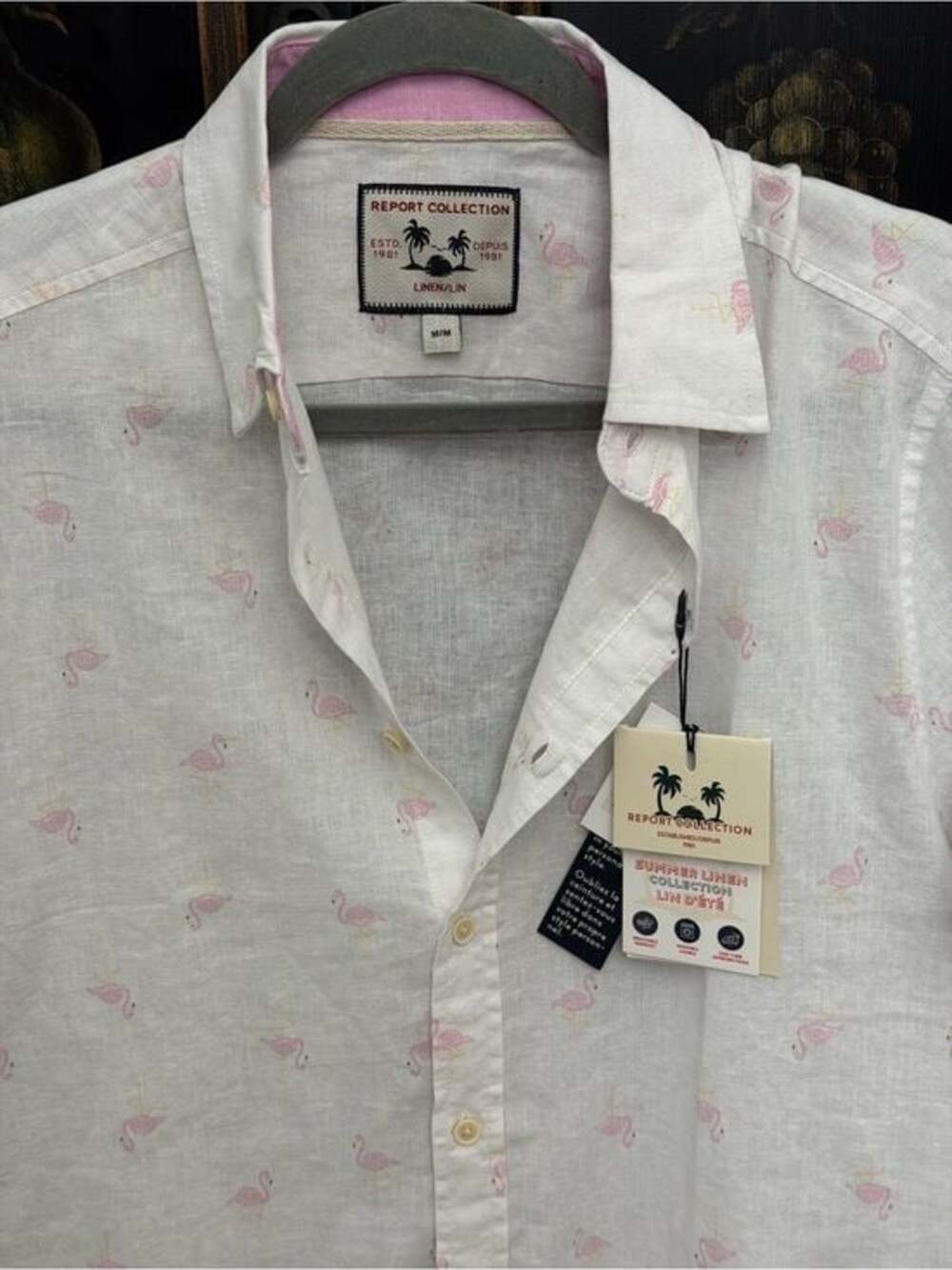 Report Collection Men's Pink Flamingo Linen Short Sleeve Button Up Shirt Size M